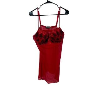 Y2K Red Mesh Babydoll Nightie 2X Lace‎ Trim Coquette Romantic Goth Lingerie VTG